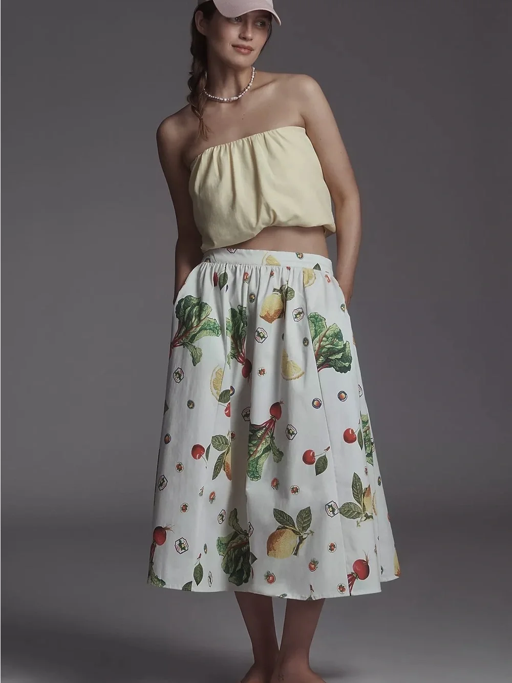 NWT Anthropologie Maeve Jacie Poplin Midi Skirt Harvest Vegetable Fruit XS